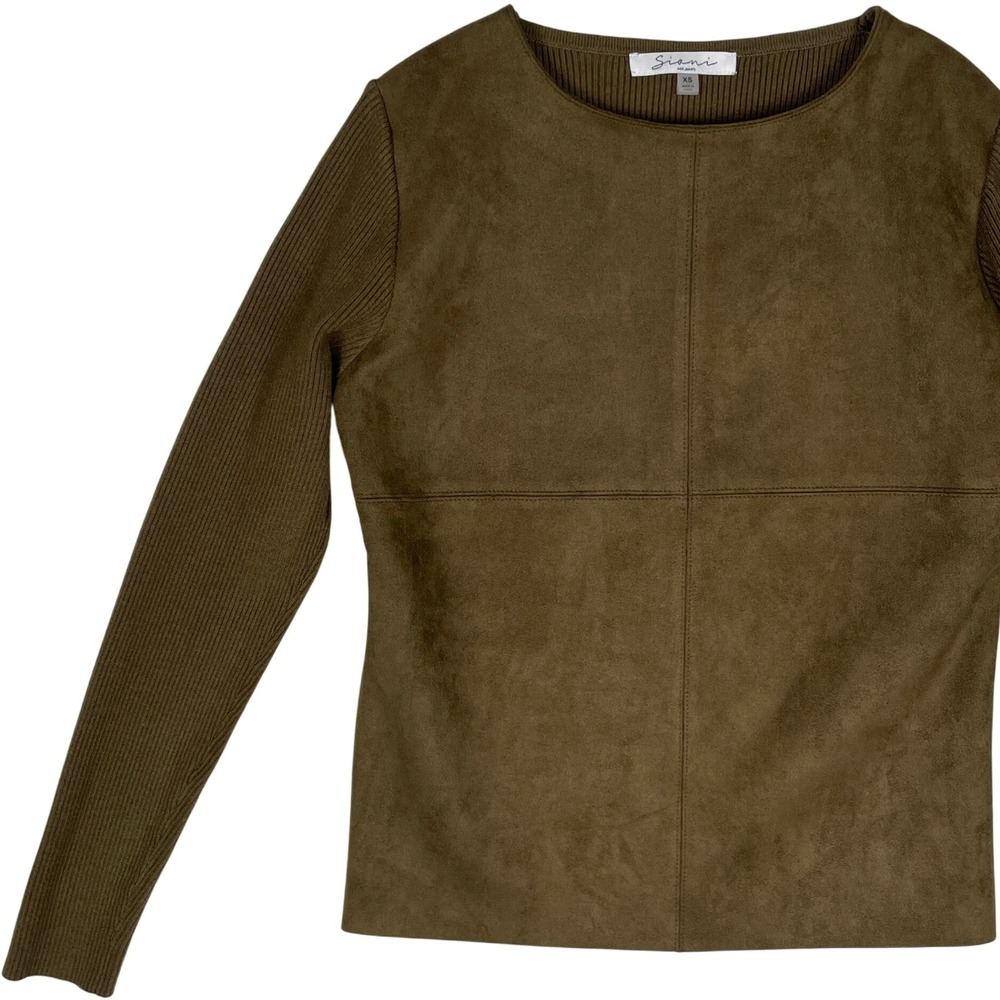 Sioni Milano Olive Green Faux Suede Long Sleeve Ribbed Top Size XS